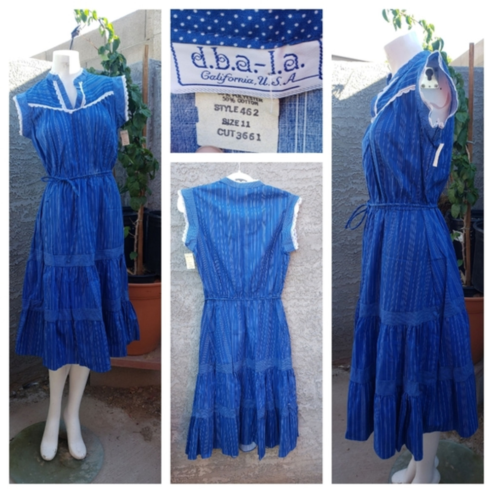 Vintage 1970s Blue White lace‎ 'D.B.A. L.A.'   Dress